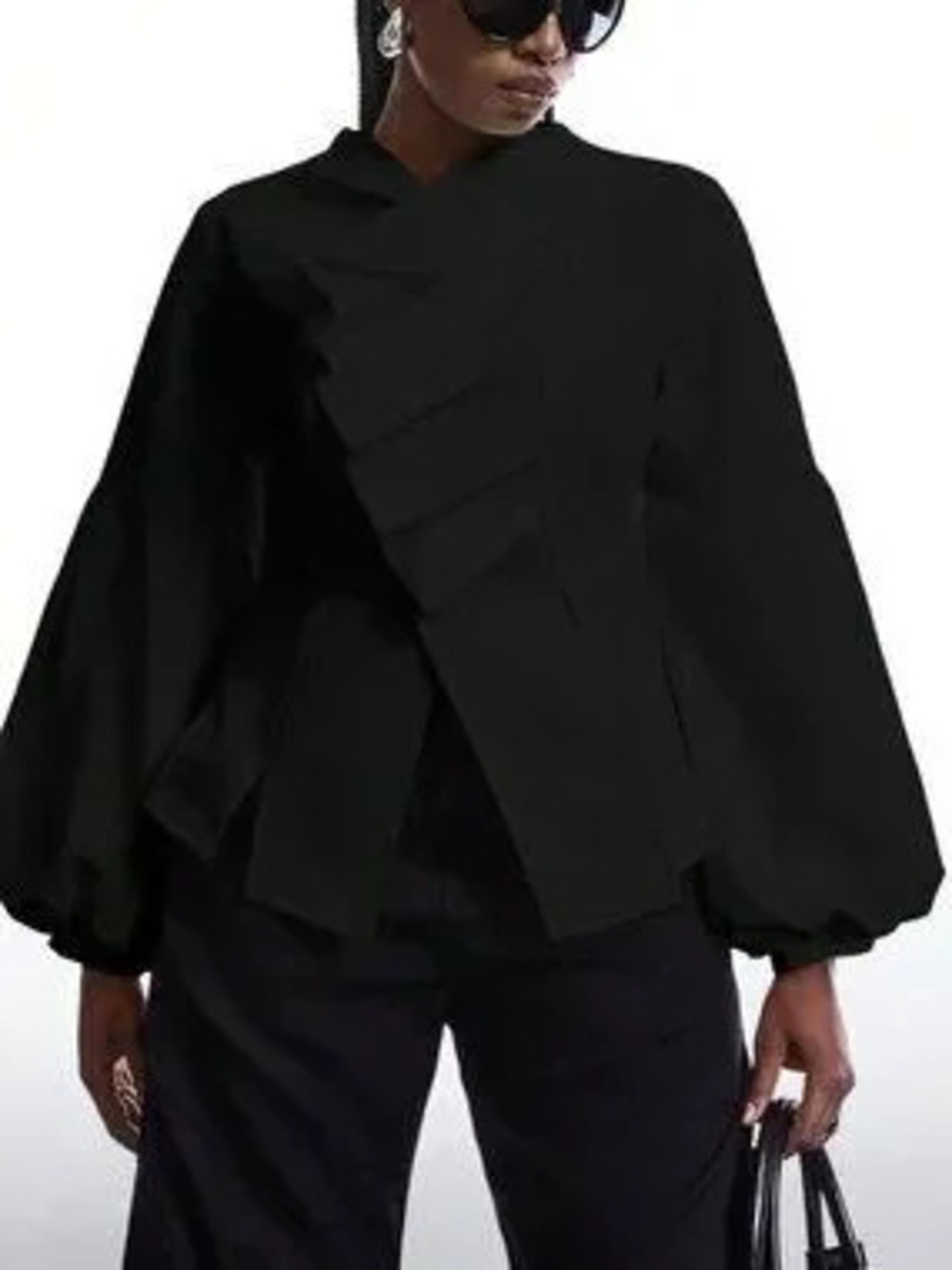 Black Casual Women's Plain Regular Fit Bishop Sleeve Stand Collar Blouse Top